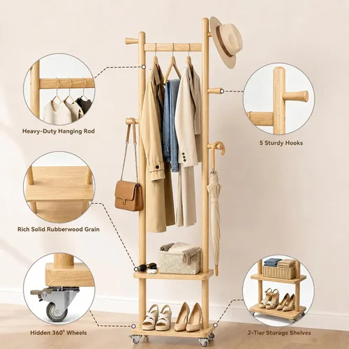 Miniatura 4 de Estante de abrigos de madera maciza independiente con ruedas y 2 estantes de almacenamiento y 5 ganchos, estante de ropa resistente, árbol de Madera