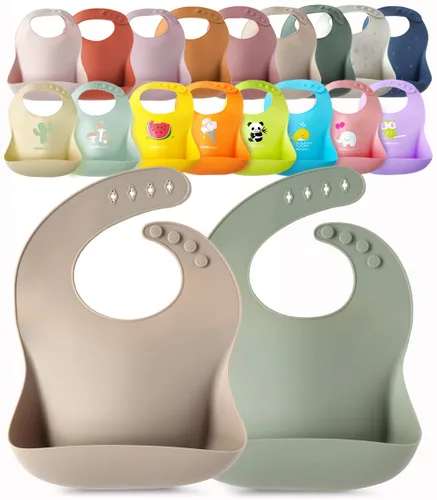 Miniatura 9 de Paquete de 2 baberos de silicona impermeables para bebé, ligeros, cómodos, fáciles de limpiar (rosa claro/morado, pequeño)