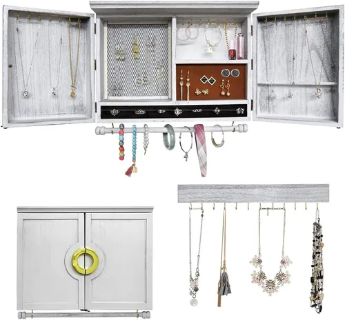 Organizador de joyas rústico montado en la pared, caja colgante de madera vintage con decoración de puerta de granero para collares, aretes,