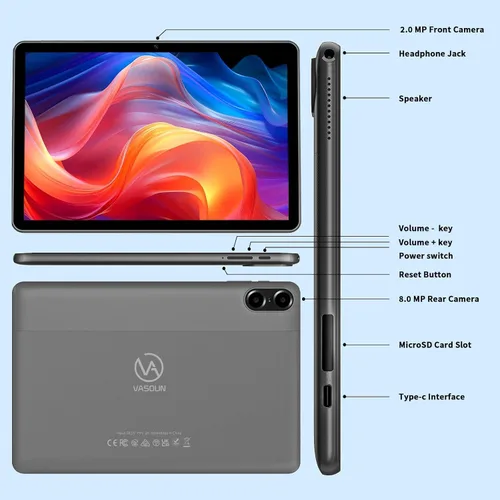 Miniatura 2 de VASOUN Tablet Android 13 de 10 pulgadas, (expansión de 4+4 GB) RAM 64 GB de almacenamiento 2 en 1 tabletas con WiFi 2.4/5G, BT 5.0, funda de cuero