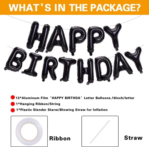 Miniatura 2 de Accevo Cartel de globos negros con letras Happy Birthday, 16 pulgadas, papel de aluminio, letras 3D, feliz cumpleaños para niños, adultos, unisex