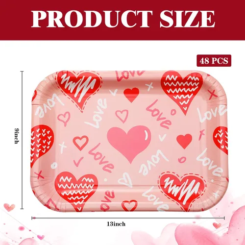 Miniatura 3 de Ziliny 24 platos de papel desechables con forma de corazón, bandejas rectangulares de 13 x 9 pulgadas, bandejas grandes para servir para bodas, Rosa
