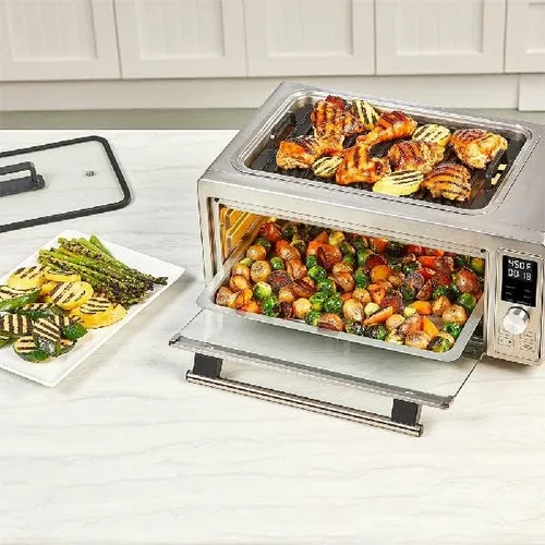 Miniatura 3 de Emeril Power Grill 360, horno tostador de convección 6 en 1 con parrilla superior interior, freír al aire, asar, tostar, hornear, deshidratar, tapa