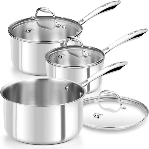 KOCH SYSTEME CS Triply - Juego de cacerolas de acero inoxidable de 1 cuarto de galón, 2 cuartos y 3 cuartos de galón de acero inoxidable con tapa,