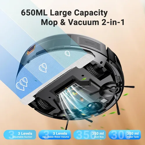Miniatura 3 de MBYULO Robot Aspirador y Fregona, Robot Aspirador y Fregona 5KPa 650mL 2 en 1 Robot Aspirador y Fregona con Programación WiFi/Alexa/App Robot