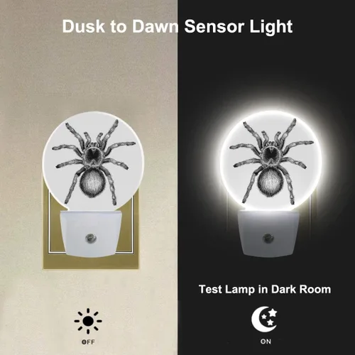 Miniatura 2 de Red de araña blanca y negra, luz nocturna espeluznante y aterradora araña LED del atardecer al amanecer, luz nocturna enchufable, sensor automático