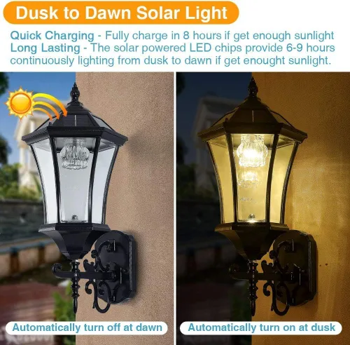 Farol solar de pared para exteriores, luz solar inalámbrica de montaje en pared del atardecer al amanecer, 21 pulgadas, grande, aplique de pared LED
