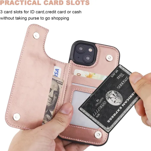 Miniatura 4 de ONETOP - Funda tipo cartera compatible con iPhone 15 con soporte para tarjetas, funda de piel sintética con ranuras para tarjetas, doble cierre Oro