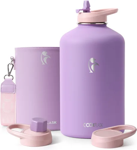 Miniatura 13 de Coolflask Botella de agua de 64 onzas aislada con funda de cuero PU, botella de agua de medio galón con contraste de color y tapa con popote, jarra