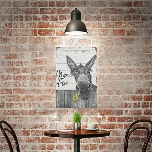 Miniatura 6 de QHOVPA Letreros de metal vintage con diseño de burro, divertido letrero de baño para baño, ilustración de pared con texto en inglés "Nice Ass