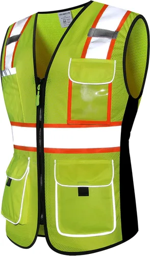 Miniatura 5 de Chaleco de seguridad para mujeres, chaleco de trabajo reflectante de alta visibilidad con 9 bolsillos múltiples y cremallera Amarillo
