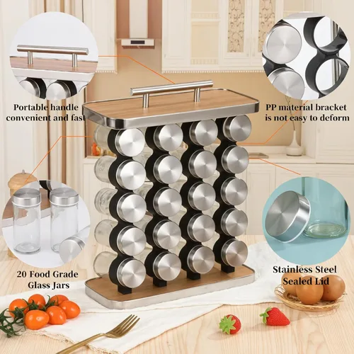 Miniatura 3 de Organizador y almacenamiento de especias - Estante vertical para especias con tarros - Especieros para cocina moderna Plata-20 tarros