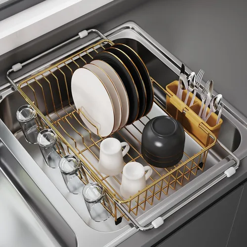 Miniatura 11 de JASIWAY - Escurridor extensible de acero inoxidable para usar sobre fregadero, encimera de cocina y dentro del fregadero, con portautensilios
