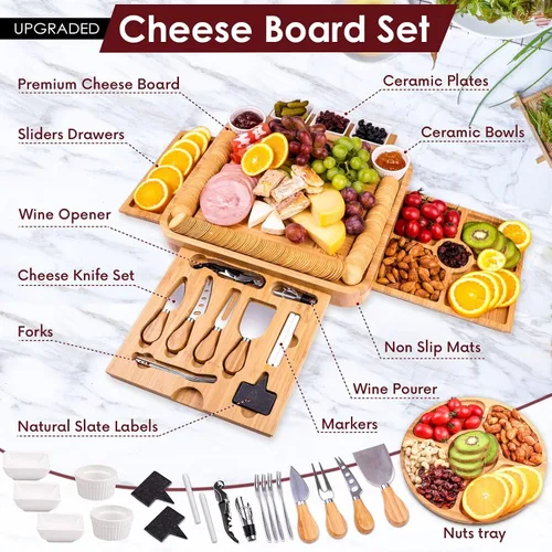 Miniatura 6 de Juego de regalo de tablas de charcutería, tabla de quesos de bambú y juego de cuchillos, bandeja de queso, juego de tablas magnéticas