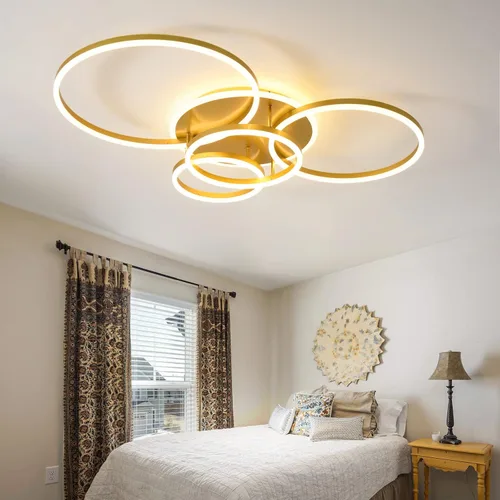 Miniatura 6 de Lámpara de techo LED moderna de 90 W, regulable, con control remoto, 5 anillos, lámpara de techo de acrílico dorada para sala de estar, dormitorio