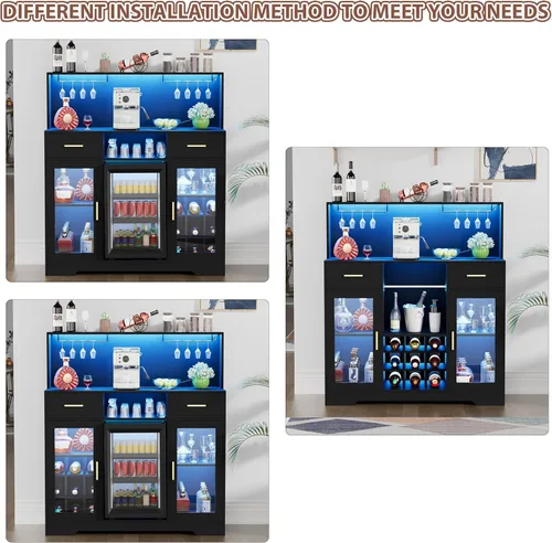 Miniatura 9 de Mini gabinete de nevera con almacenamiento, gabinetes de bar de vinos para el hogar con luz LED y toma de corriente, gabinete de barra de café