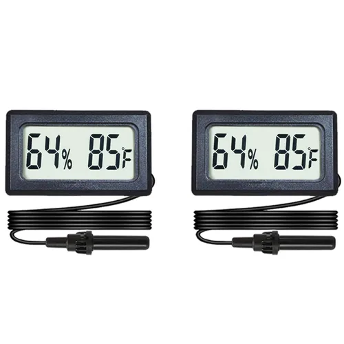 Paquete de 2 mini termómetro higrómetro digital con sonda pantalla LCD, medidor de humedad Fahrenheit para incubadora, planta de reptiles, terrario,