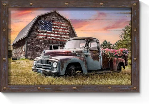 Miniatura 9 de SunFlax Arte de Lienzo de Pared de Carro Oxidado: Obra de Arte de Camión Azul Viejo Cuadro Rústico de Automóvil Pintura Vintage de Campo Antigua