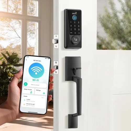 DESLOC Smart Lock D110 Plus, cerradura de puerta delantera inteligente con huella digital WiFi con teclado de pantalla táctil, control remoto de