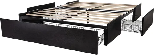 Miniatura 9 de Marco de cama Allewie tamaño matrimonial con plataforma y 3 cajones de almacenamiento, tapizado en piel sintética, soporte de listones de madera,