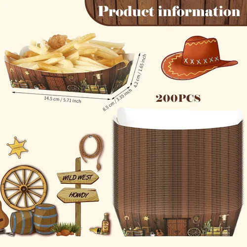 Miniatura 2 de Hoolerry 200 unidades de decoraciones para fiestas occidentales, bandejas de papel de vaquero de 1 libra, botes de comida desechables