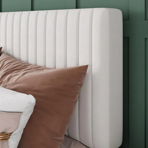 Miniatura 4 de Allewie Base de cama tamaño matrimonial, cama de plataforma tapizada de terciopelo con cabecera capitoné de canal vertical ajustable, base de Blanco