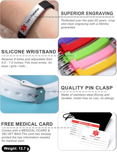 Miniatura 4 de JF.JEWELRY Pulseras de alerta médica personalizadas, pulsera de silicona para identificación médica para niños y niñas, pulseras médicas grabadas