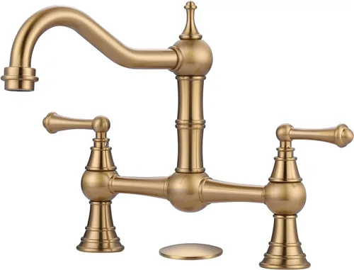 Miniatura 15 de Grifo de Cocina de Puente con Rociador Lateral, WOWOW Grifo de Cocina de Latón Macizo para Fregadero de 4 Agujeros Bronce Antiguo Grifo de Fregadero