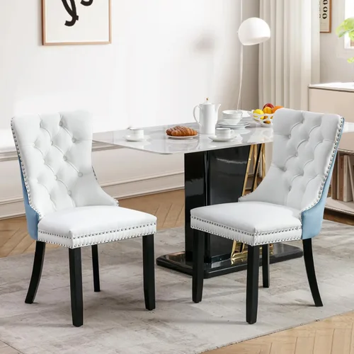 Miniatura 24 de Juego de 2 sillas de comedor tapizadas de tela de lino, sillas de cocina modernas de mediados de siglo con respaldo alto, ribete de cabeza de clavo