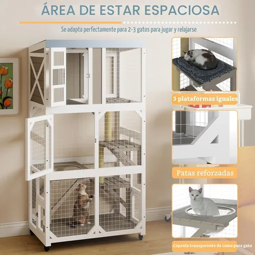 Miniatura 3 de Ketive Catio grande de madera para exteriores de 64", casa para gatos de ventana con ruedas y 3 plataformas, jaula para gatitos con techo resistente