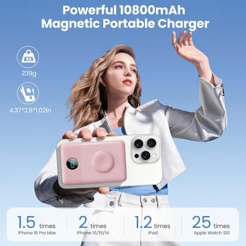 Miniatura 32 de Cargador portátil magnético de 10800 mAh para iPhone con cables integrados, cargador de batería inalámbrico 6 en 1 con cargador iWatch, pantalla LCD