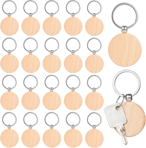 Miniatura 2 de BATTIPAW Llavero de madera en blanco para manualidades personalizadas, llavero redondo de madera en blanco para llaveros de bricolaje, colgantes