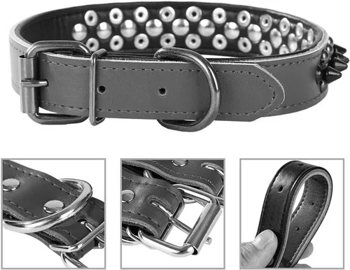 Miniatura 2 de Serijoars Collares ajustables de cuero genuino con tachuelas para mascotas pequeñas, medianas y grandes, Pit Bull, Bulldog, Pugs, Husky (M, morado)