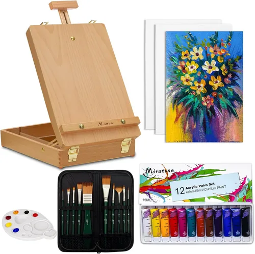 Deluxe Art Supplies - Juego de arte de 27 piezas con caballete de mesa, pintura acrílica de 12 colores, 10 pinceles de pintura, 3 paneles de lienzo,