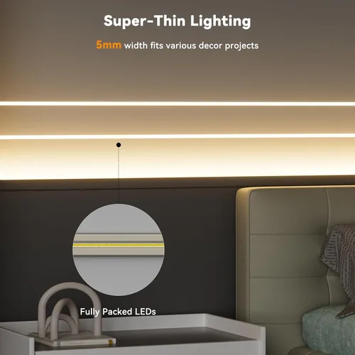 Miniatura 4 de PAUTIX Tira de luz LED COB de 5 mm 16.4 pies/5 m 3000K Blanco cálido 504 LEDs/m, Cinta LED flexible DC24V para gabinete Hogar Proyectos