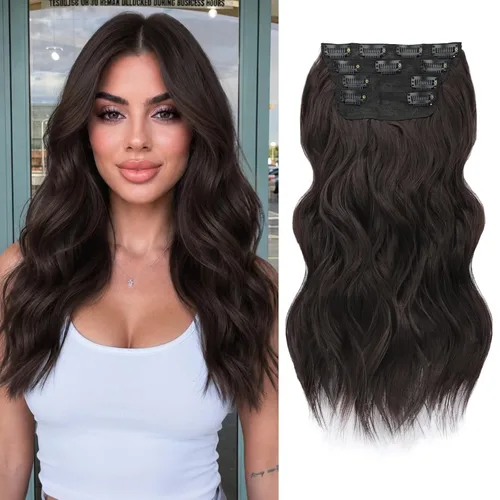 Miniatura 22 de ALXNAN Extensiones de cabello sintético largo y ondulado con clip, de 16 pulgadas, color negro natural, 4 piezas gruesas, fibra de doble trama