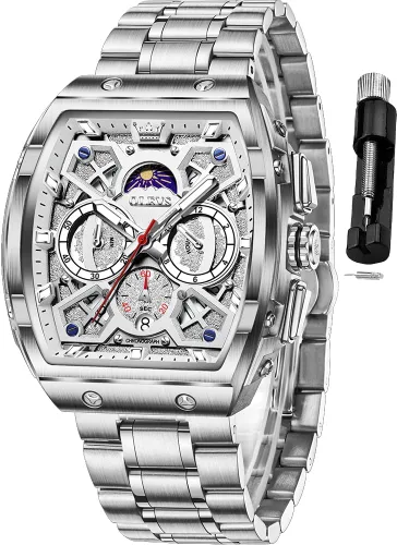 Miniatura 18 de OLEVS Men Watches Business Dress Chronograph Big Square Quartz Analog Male Watch Silicone Strap Waterproof Date Gift Mens Wrsit Watch Silver