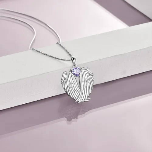 Miniatura 3 de YFN Collar de alas de ángel de plata de ley 925 con colgante de alas de ángel de la guarda, collar de piedra natal para mujeres y niñas, regalos