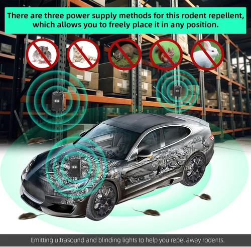 Miniatura 2 de Repelente ultrasónico de roedores para motor de automóvil, paquete de 4 unidades de disuasión de ratones bajo el capó con luces intermitentes