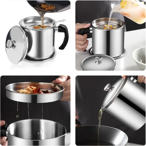 Miniatura 4 de Contenedor de grasa con filtro de malla fina olla tanque de almacenamiento de aceite de cocina (1.8 L plateado)