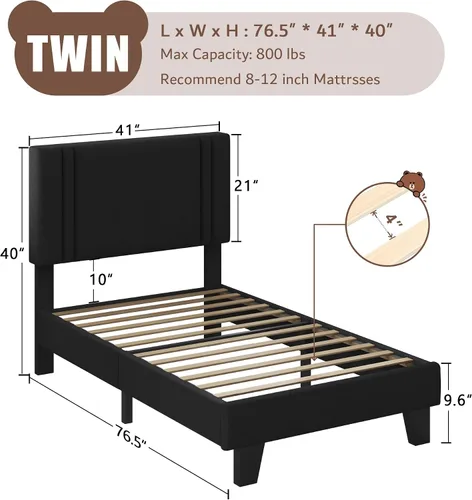 Miniatura 2 de iPormis Marco de cama de plataforma twin con cabecera tapizada de tela y patas engrosadas, base de colchón con soporte de listones de madera maciza
