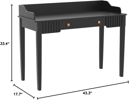 Miniatura 2 de Escritorio de maquillaje de madera negra que ahorra espacio, mesa moderna para computadora con cajones y asas doradas