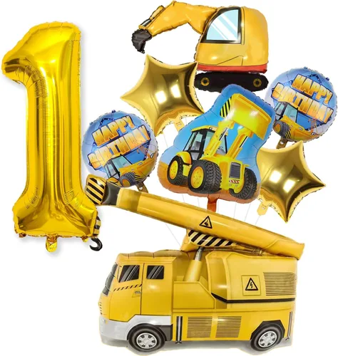 Globos de construcción para el primer cumpleaños, 9 globos dorados de 40 pulgadas con el número 1 para excavadora grande, camión volquete, grúa,