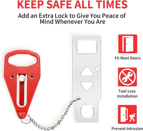 Miniatura 3 de Rerishom Cerradura de puerta portátil, cerradura extra para mayor privacidad y seguridad en casa, hotel, apartamento, AirBNB - Rojo