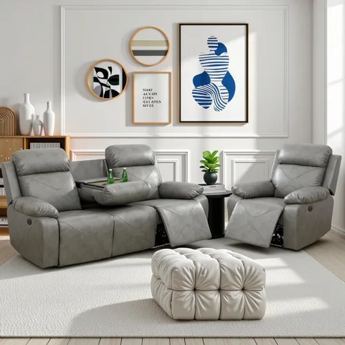 Miniatura 12 de Air Leather - Juego de sofá reclinable eléctrico con LED, juegos de muebles de sala de estar, juego de sofá reclinable eléctrico con puertos USB