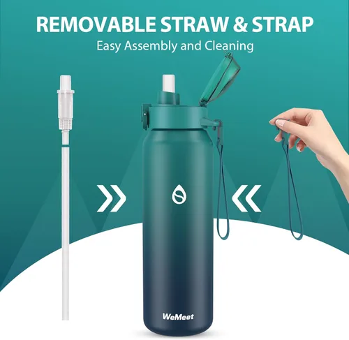 Miniatura 3 de WEMEET Botella de agua de 32 onzas con popote extraíble y tapa de boquilla, dos maneras de beber, botella de agua aislada de acero inoxidable 18/10