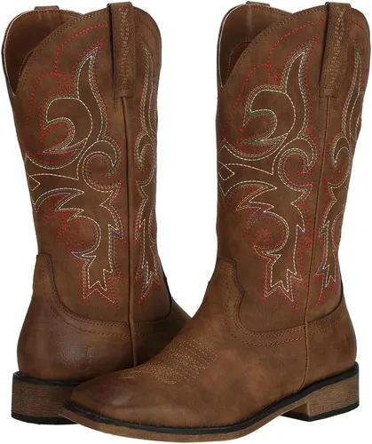 Miniatura 3 de J's.o.l.e Botas vaqueras de punta cuadrada para mujer, de media pantorrilla, con tacón grueso, bordado retro, botas occidentales