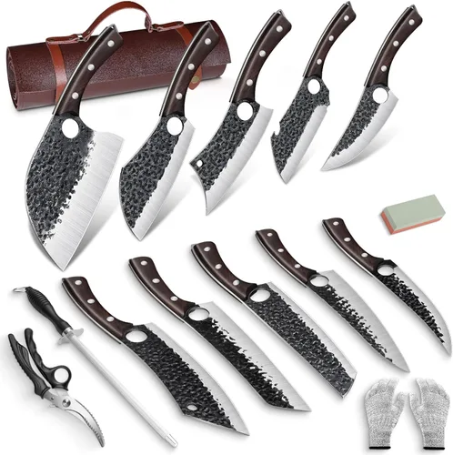 DRGSKL Juego de cuchillos de chef serbio – Juego de 10 cuchillos de carnicero forjados a mano con bolsa, cuchillos de cocina de acero de alto