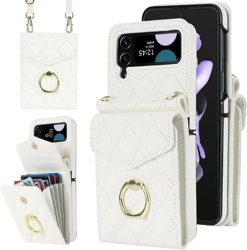 Funda tipo cartera para Samsung Galaxy Z Flip 3 con anillo y correa cruzada ajustable, elegante y multifuncional estilo acordeón con 4 ranuras para