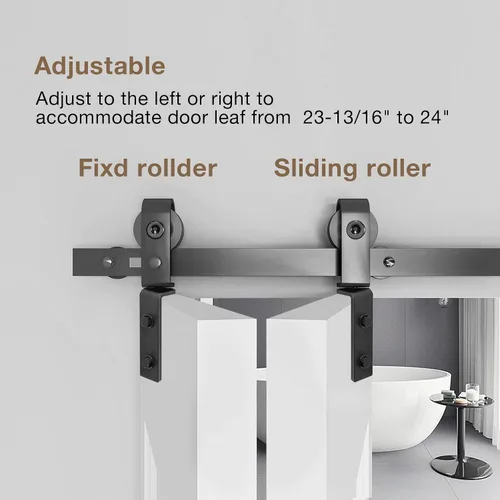 Miniatura 3 de Kit de herrajes para puerta de granero plegable de 52 pulgadas para 2 puertas, rodillo resistente montado en riel negro y en la parte superior, kit